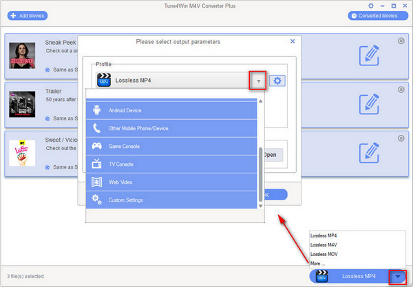 Choose output format to convert iTunes M4V